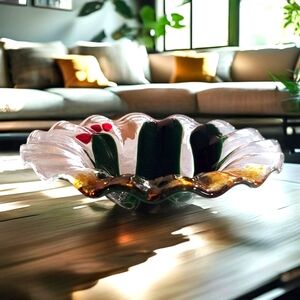 Unique Vintage Fused Art Glass Bowl Celebrating Desert Life, Cacti And Florals